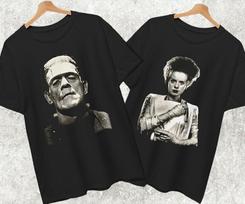 The Bride and Frankenstein T Shirt, Best custom For Couple Halloween Horror Tee L