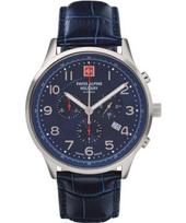 Swiss Alpine Military Skymaster Chronograph Leather Strap Blue Dial Quartz 7084.9535 100M Men's Watch