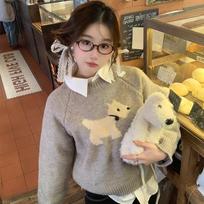 Elegant Round Neck Long Sleeved Pullover Puppy Sweater New Women Sweet Autumn Winter Loose Office Tops Fashion Casual Simple Knitted Sweaters Clothing one size