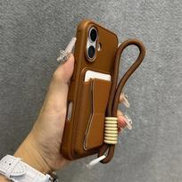 Madinga piniginė su kortelės laikikliu, galinėje pusėje su dirželiu, dėklas iPhone 17 Air 13 Pro Max 12 11 Xr 14 15 16 Pro Max, PU odos dėklas For  17Pro max ruda