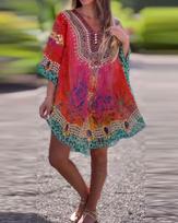 Spring new loose-print V-neck ethnic blouse top women S raudona