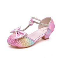 New Rainbow Party Girls' High Heels Princess Shoes Student Performance Catwalk Single Shoes Sequined Children's Internet Celebrity Leather Shoes 26（Insole Length17.5CM rožinė