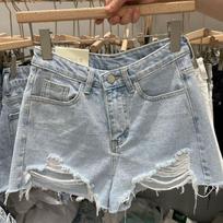 Raw Edge Denim Shorts for Women Internet Celebrity Style New Large Size Loose Korean Style Ripped Hot Pants for Summer S