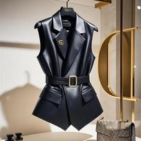 Black PU Leather Vest Coat Women Fashion Belt Brooch Sleeveless Waistcoat Jacket Spring Autumn Layered Tank Tops High End Ladies S
