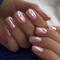 Short Square Pink Chrome Press On Nails with Glossy Gel Finish, Reusable Nude Fake Nails Set 24pcs