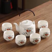 Jade Porcelain Tea Set Chinese Kung Fu Tea Pot Ceramic Tea Cup White Porcelain Set Household Large Capacity Handle Pot Seven-piece Set