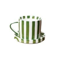 Creative Ceramic Striped Coffee Cup Saucer Set Hand-drawn Vintage Drink Cup Heat-resistant Milk Mug Breakfast 255ml žalia