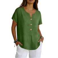 Women’s Linen Short Sleeve V Neck Button Down Loose Fit Casual Blouse Lightweight Summer Top for Daily Wear L