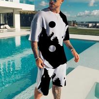 Men's Summer Gradient Wolf Yin Yang T-Shirt & Shorts Set Street Style Breathable Outfit for Daily Wear/Party S