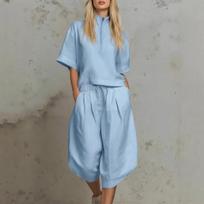 Womens Short Sleeve Lapel Collar Half Zip Drawstring Waist Wide Leg Pants Set Multi Colors S šviesiai mėlyna spalva