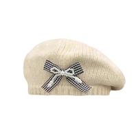 Autumn Winter Bow Beret Hat Sweet Women Painter Cap Solid Color Knitted Beret Hat  Ladies smėlis