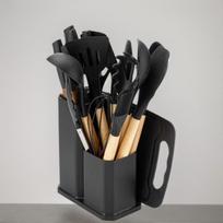 Silikoniniai virtuvės reikmenys 19 dalių peilių rinkinys Virtuvės įrankiai su laikikliu Mentelė Šaukštas Grandiklis Pjaustymo lenta black kitchenware 19-piece set