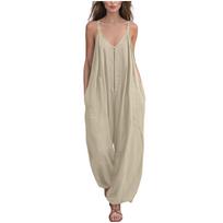 Women’s Fashion Solid Zip V Neck Adjustable Strap Loose Fit Sleeveless Wide Leg Jumpsuit with Pockets for Casual Wear XL chaki