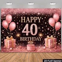 2D Pink and Gold 40th Birthday Backdrop with Balloons and Gifts Photo Background 47.2x31.5inch/120*80cm
