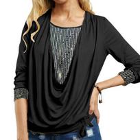 Women Sequins Stitching Blouse Large Draped Collar Long Sleeve Tops Side Drawstring Solid Color Spring Autumn Pullover Tops 2XL juoda