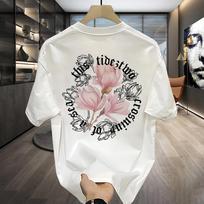 Hong Kong Style Printed T-shirt - Trendy Loose Fit Men's Summer Round Neck with Tie Clip