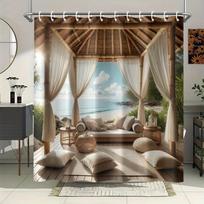 Bamboo Gazebo Shower Curtain Waterproof Fabric Bathroom Curta Beach View Tent Bath Screen Divider Home Decor With Hooks (as the picture,90x180cm35x71in)