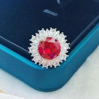 Women's Fashion Pigeon Blood Ruby Open Ring with Full Diamond Flower Design Adjustable