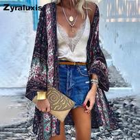 Oversized Boho Floral Print Flounce Shirt Women's Kimono Casual Beach Top Long Sleeve S