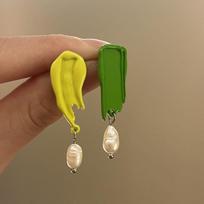 Dazzling French Retro Oil Painted Pearl Drop Earrings; Unique Color Fusion, Asymmetrical Design for Women and Girls.