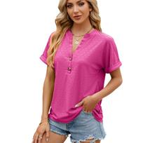 Spring and Summer Solid Color V-neck Button Loose Short-sleeved T-shirt Top Women's Clothing XS