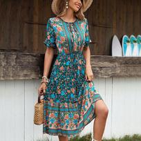Fashion Women's Ethnic Print Dress Summer S tamsiai mėlyna spalva