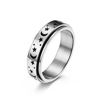 Vintage Silver Rotating Spinning Anti-Anxiety Fidget Ring Luminous Moon Star Design Men's Jewelry for Parties Black Stainless 5