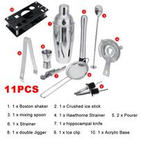 700ml Boston Shaker Mixer Drink Making Tool Kit 11pcs for Home Bar Use Black+Silver Stainless Steel Cocktail Set