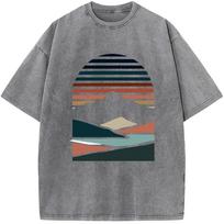 benber Mens Retro Geometric Maca Sunset Mountain ShortSleeved Fashion Loose Washed TShirt Cotton Summer Cotton Bleached Tshirt S
