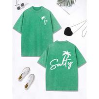 benber vintage Salty Coconut Tree Art Letter Printing Washed TShirt Womens Cotton Oversized T Shirts ONeck Comfortable Tops Clothes S