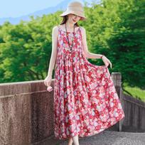 M-5XL Women Pajama Dress Sexy Sling Nightdress Beach Printed Summer Nightgowns Plus Size Sleeping Night Shirt Ladies M raudona