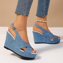 Women Large Size Denim Thick Soled Wedge Sandals Cross Buckle Open Toe Outdoor Cool Slides Slippers for Summer 35