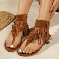 Women's Summer Retro Tassel Sandals: Height-Increasing, Hollow, Flip-Flop Toe-Post Boots for Outdoor Beach, 5-8cm Heel. 36