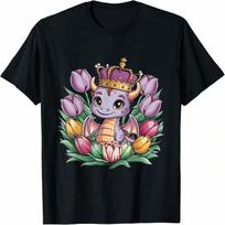 Kawaii Cartoon Dragon With Crown And Tulips T-Shirt S įvairiaspalvis