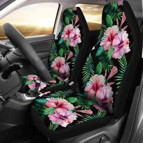 Havajų tropinės hibiskų automobilio sėdynių užvalkalai 8, 2 vnt. pakuotė Universalūs priekinių sėdynių apsauginiai užvalkalai juoda