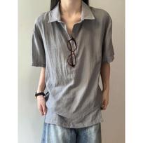 Men's Linen Blend Polo Shirt, Short Sleeve Casual Half-Button Collared Shirt With Side Slits M