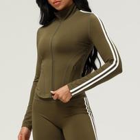 Women's Stand Collar Long Sleeve Slim Fit Zip Pocket Striped Jacket for Yoga Sports Winter Daily Casual Outerwear S tamsiai žalia spalva