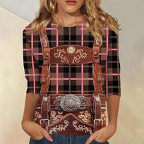 Women's Casual Three Quarter Sleeve Oktoberfest Print Round Neck Top Plaid Pattern with Faux Leather Harness Detail Suitable for Daily Wear M