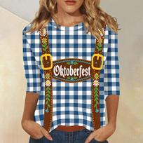 Women Casual Three Quarter Sleeve Oktoberfest Print Round Neck Top Lightweight Comfortable Fit Oktoberfest Celebration Shirt XXXL