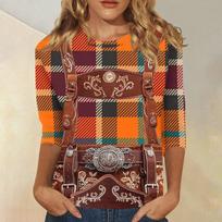 Women's Fashion Casual Three Quarter Sleeve Oktoberfest Print Round Neck Top Suitable for Seasonal Wear and Daily Casual Outfits L