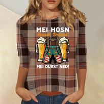 Women's Casual Plaid Three Quarter Sleeve T-Shirt Oktoberfest Print Round Neck Top Comfortable Fit Lightweight Fabric S