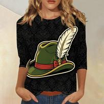 Women's Casual Three Quarter Sleeve Oktoberfest Print Round Neck Top Lightweight Comfortable Fit Fashion Tee Shirt L