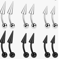 16G Stainless Steel Tapered Spike Barbell for Ear, Lip, Cartilage, and Navel Piercing Set: Steel & Black, 1.2*6/8/10*4*4/10mm, 2 Each