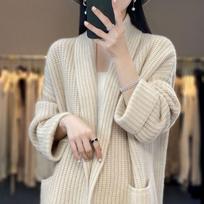 Mid-length V-neck Sweater for Women, Outerwear, Lazy Style Knitted Cardigan XXL