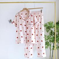 Summer New Women's Pajamas Set 100% Cotton Crepe Short-sleeved Trousers Two-piece Set Love Thin Simple Large Size M