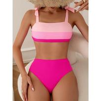 Sexy Tie Shoulder High Waist Bikinis Sets Two Pieces Pink Swimsuit Women Padded Swimwear Bandeau Brazilian Biquini Beach Wear S rožinė