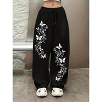 Women's Elegant Butterfly Print Jogging Pants - Elastic Waistband Wide Leg Pants with Drawstring, Fashionable and Comfortable Pants S