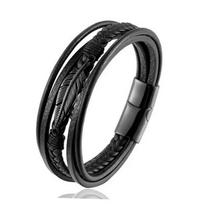 Hiphop Punk Hand  Gifts Daily Wear Man Bracelets Multilayer Braided Leather Wrap Bracelet Alloy Feather Charm Cuff Bangle 21.5cm