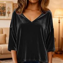 Ladies' Fashionable And Casual V-neck Gold Velvet Seven Quarter Sleeved T-shirt Top L juoda