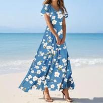 Women's Casual Fashion Print Long Dresses V-Neck Short Sleeve Dresses M